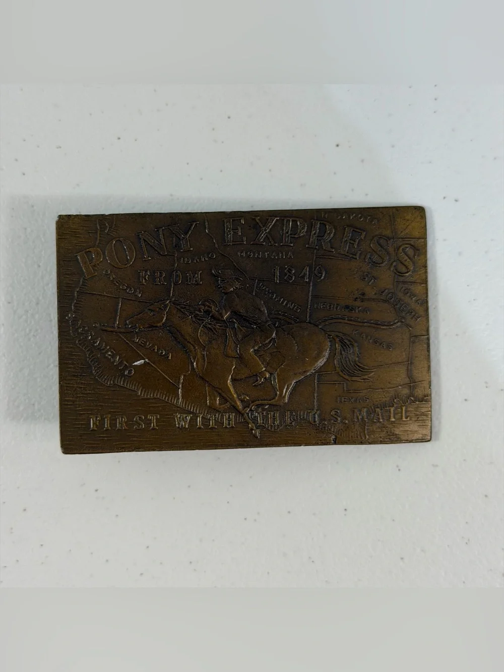VTG PONY EXPRESS 1849 BRASS BELT BUCKLE FIRST WITH THE U.S. MAIL Map